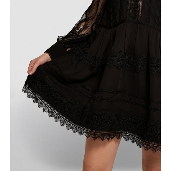Self-Portrait Black Crochet-Trimmed Crepe De Chine And Lace Mini Dress - Picture 5 of 9